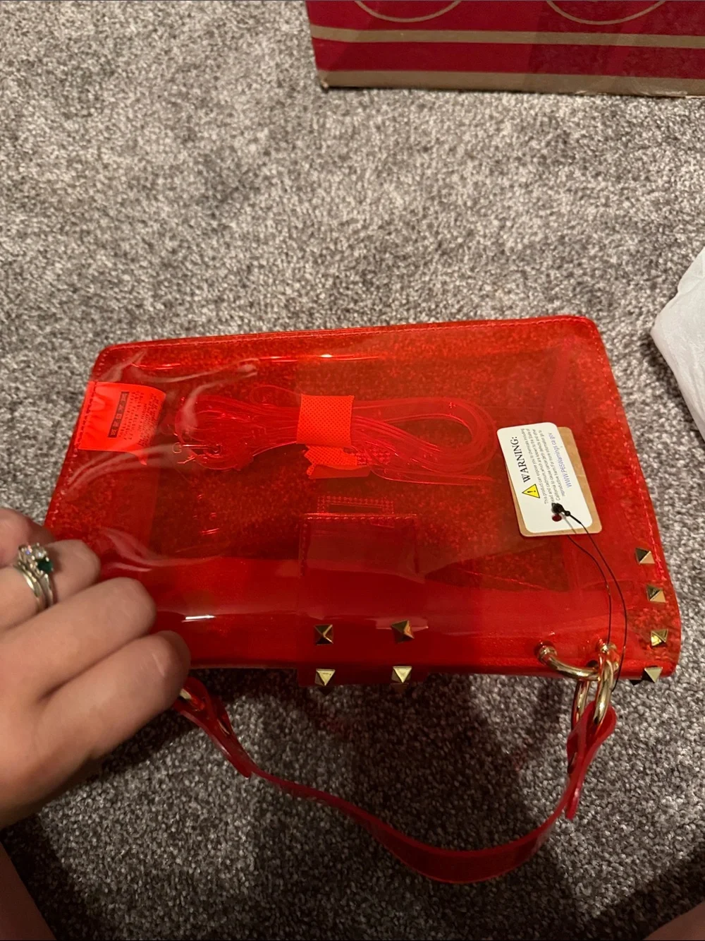 Red Clear Satchel with Gold Stud Accents